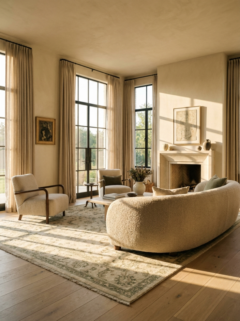 Sunlit living room with a protected wool area rug