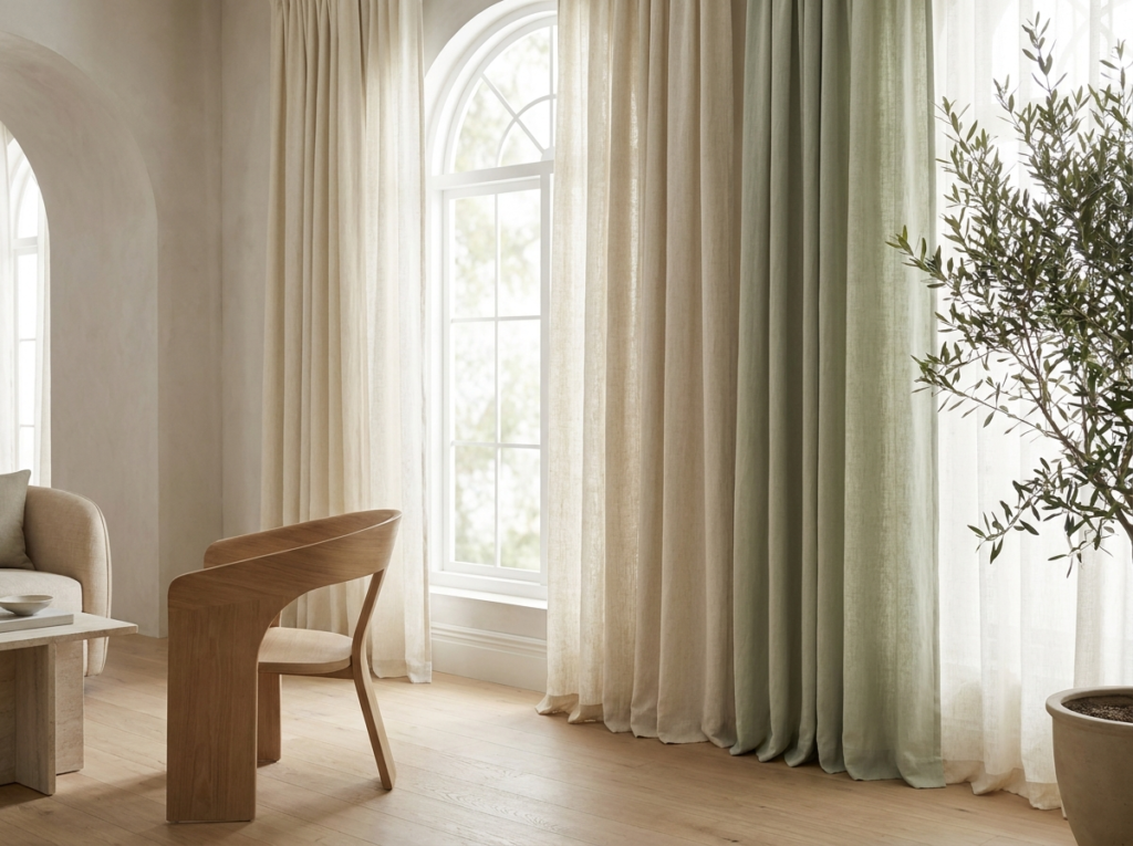 Natural linen drapery by a window